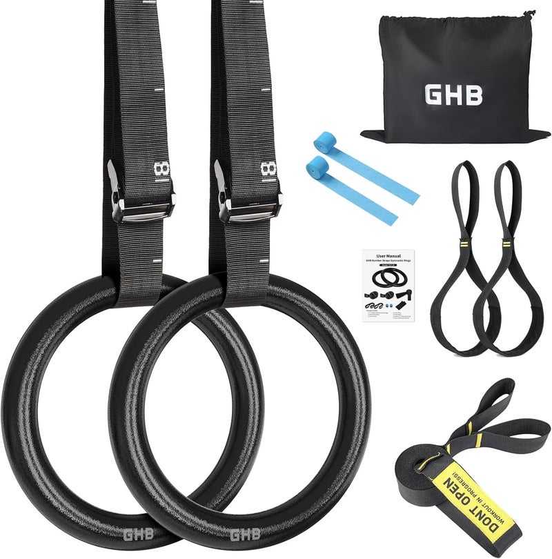 GHB Gymnastic Rings Gym Rings 1.1" Olympic Rings Adjustable Straps Pull Up Rings Sets for Workout Bodyweight Fitness Training - Image 1